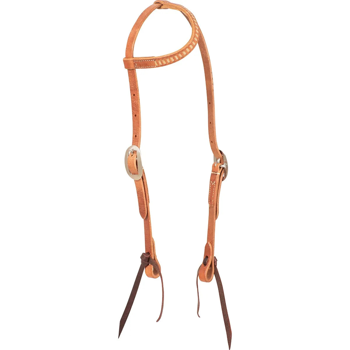 Martin Saddlery Rawhide Laced Single Ear Headstall crafted from premium light brown harness leather. This classic western horse headstall features decorative rawhide lacing on the ear loop, adjustable silver-toned buckles, and traditional leather tie-on bit ends. High-quality equestrian tack designed for durability and style in the show ring or on the trail.