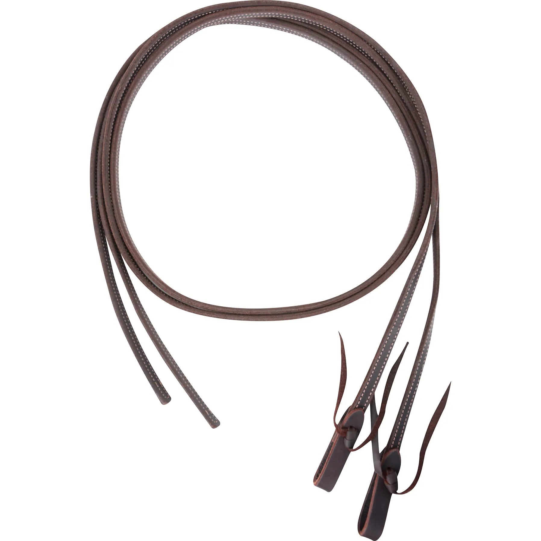 Martin Saddlery Doubled Stitched Split Reins (SR58LATDS) in rich dark brown latigo leather. These professional-grade western horse reins feature durable double-stitched edges and weighted leather tie bit ends. Designed with a supple, broke-in feel for superior grip and communication, they are ideal horse tack for western pleasure, trail riding, or training. High-quality equestrian equipment for riders seeking performance, durability, and a classic look.