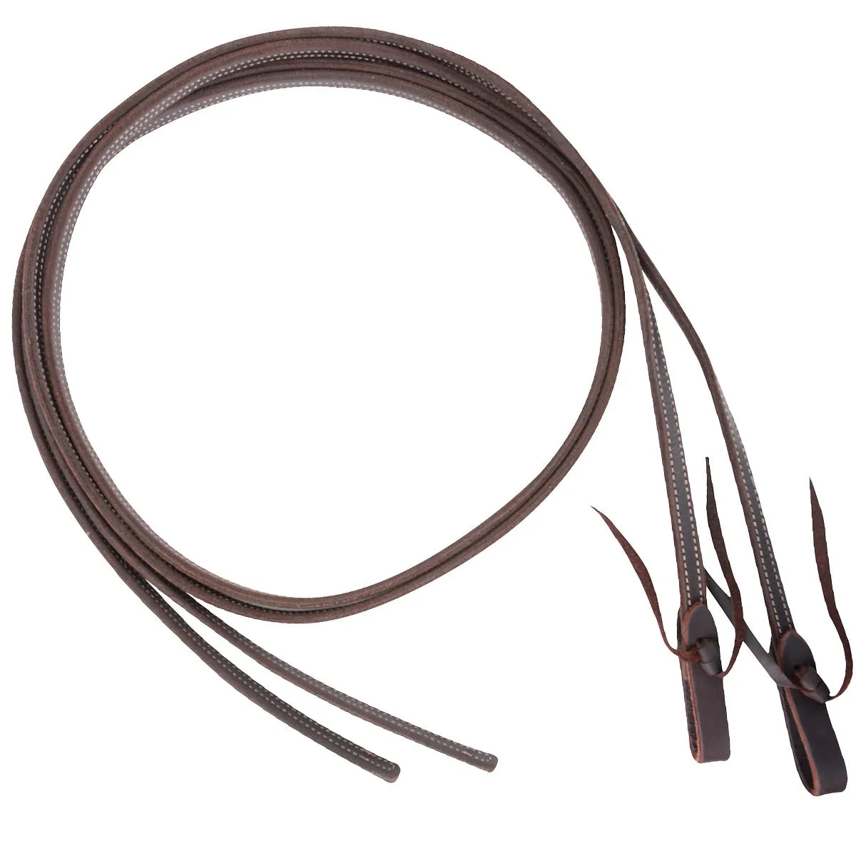 Martin Saddlery SR58LATDS Doubled and Stitched Split Reins in rich dark brown latigo leather. These high-quality Western horse reins feature a "broke-in" feel and durable double stitching with contrasting thread for a professional look. Designed with weighted ends and classic tie-on bit attachments, they offer superior balance and communication. Essential tack for Western performance, training, or trail riding, providing both traditional style and long-lasting durability.
