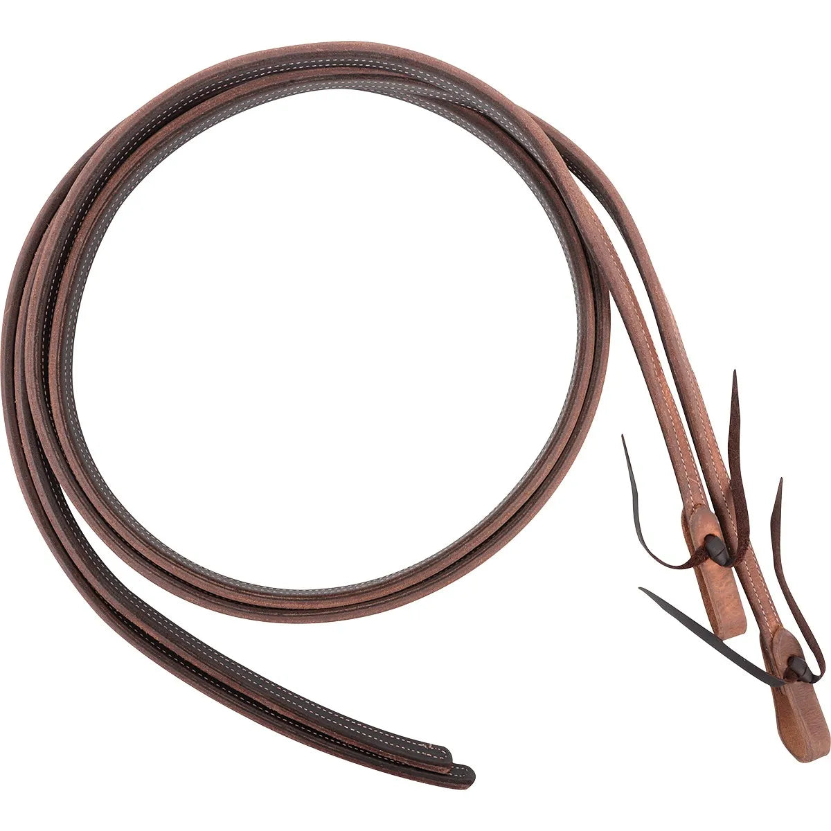 Martin Saddlery Double Stitched Split Reins in rich brown harness leather. These premium equestrian reins feature white contrast stitching and leather bit ties, offering a soft, broke-in feel right out of the box. Ideal for western horse training and performance, these durable leather reins combine professional quality with classic style.