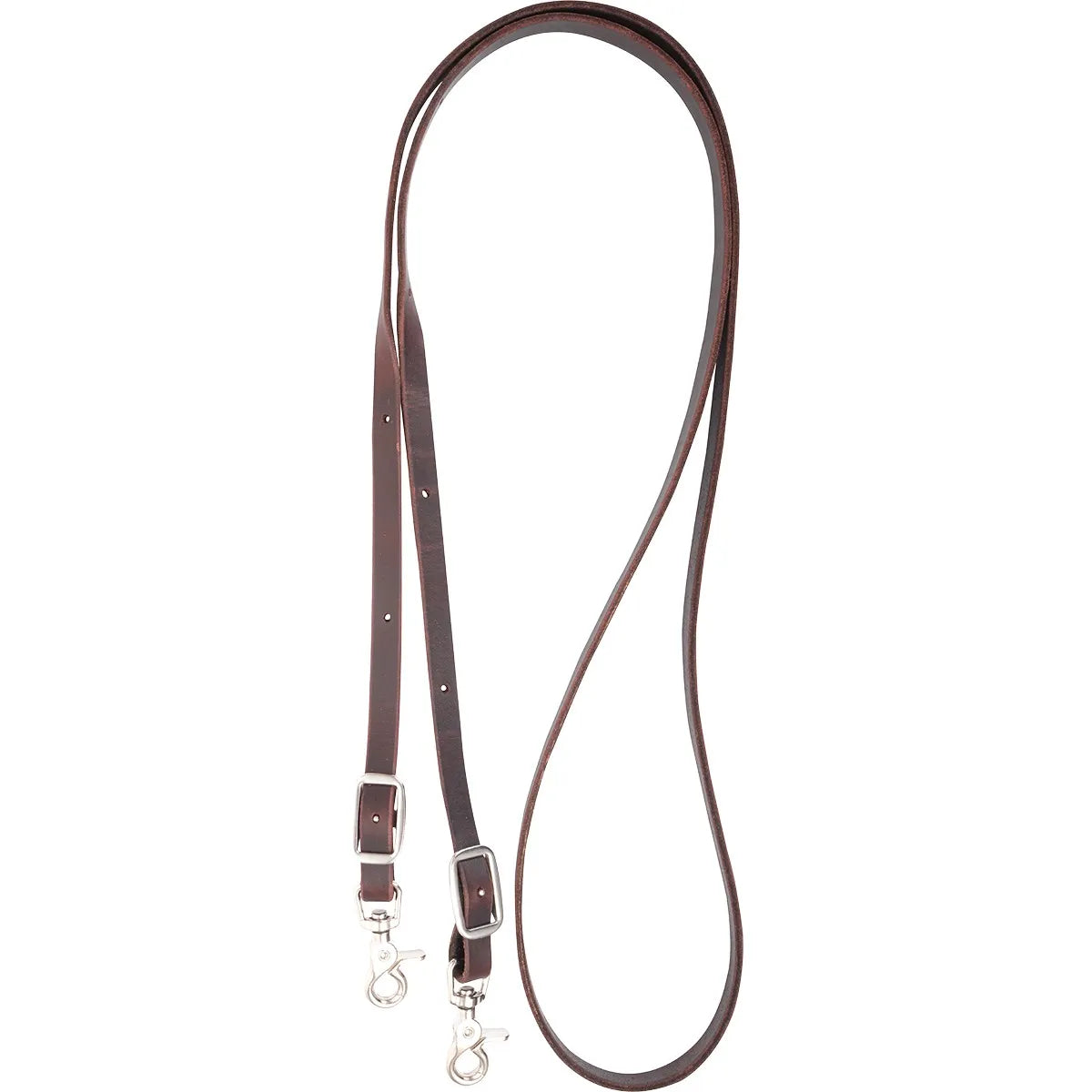 Martin Saddlery Roping Reins in premium dark brown latigo leather. These high-quality, durable western reins feature adjustable stainless steel buckles and convenient swivel scissor snaps for quick bit attachment. Ideal for roping, performance, or training, this professional-grade equestrian tack combines traditional craftsmanship with functional design for a reliable, secure grip.