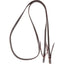 Martin Saddlery Roping Reins crafted from premium dark brown Latigo leather. Featuring durable white contrast stitching along the edges and traditional waterloop ends with leather ties for secure bit attachment. This high-quality western horse tack is designed for professional performance, offering a soft feel and long-lasting durability for roping, ranch work, and daily riding.