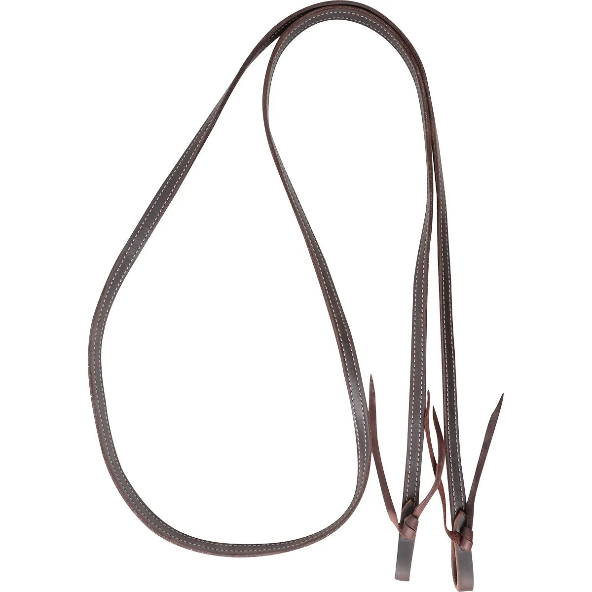 Martin Saddlery Roping Reins crafted from premium dark brown Latigo leather. Featuring durable white contrast stitching along the edges and traditional waterloop ends with leather ties for secure bit attachment. This high-quality western horse tack is designed for professional performance, offering a soft feel and long-lasting durability for roping, ranch work, and daily riding.