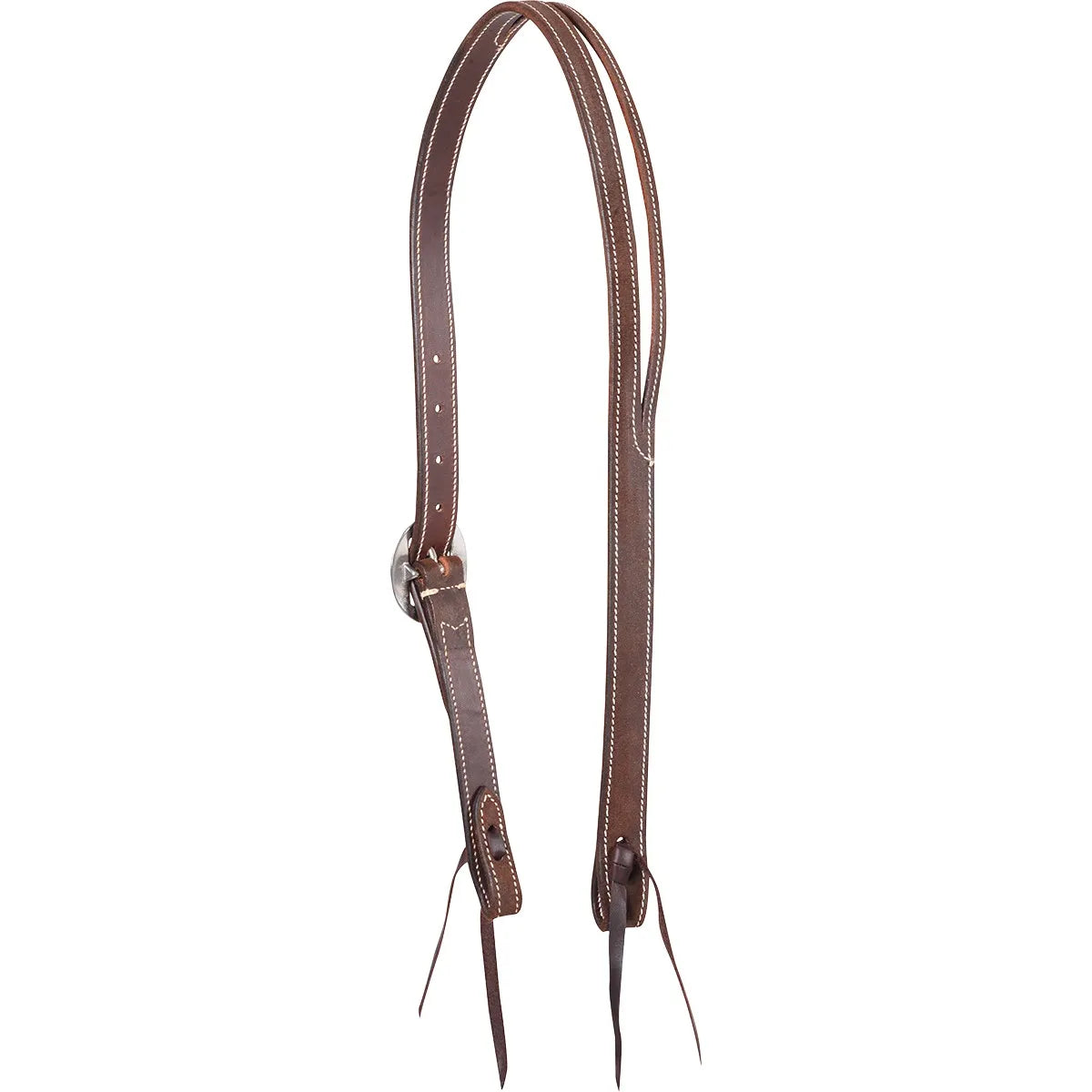 Martin Saddlery Roughout Ranahan Chocolate Split Ear Headstall featuring rich dark chocolate leather with a rugged roughout finish. This high-quality western headstall showcases white contrast stitching, a split ear design, and a stainless steel buckle for easy adjustment. Traditional leather tie bit ends complete the look, making it ideal for ranch work, trail riding, or training. Durable, stylish horse tack for equestrian enthusiasts.