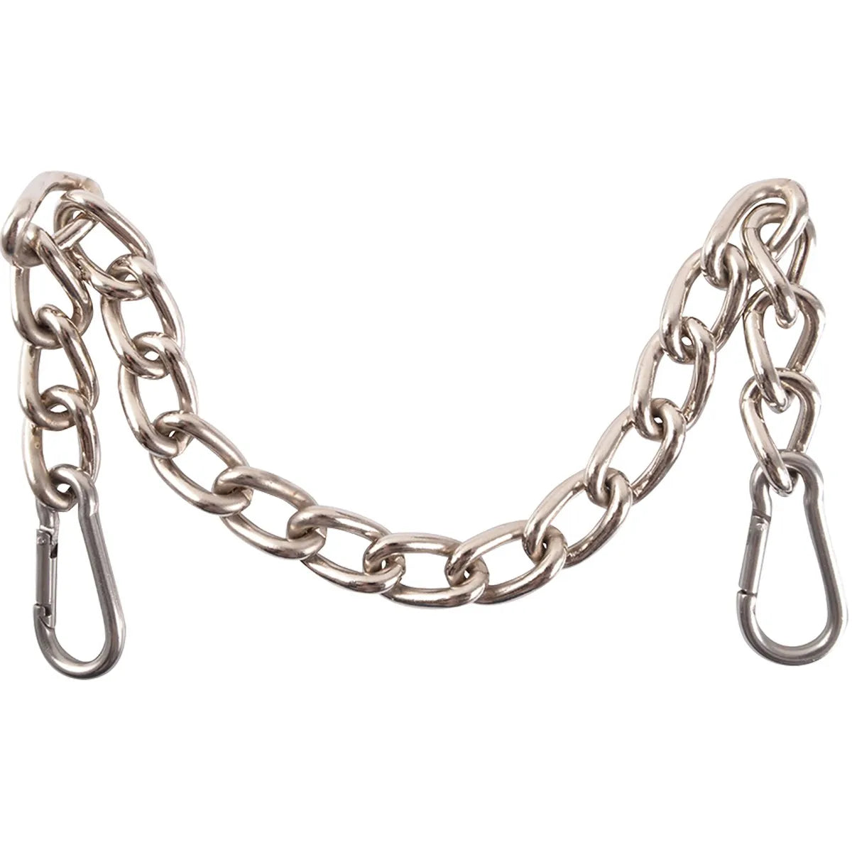 Martin Saddlery Stainless Steel Curb Chain Strap featuring a durable, polished silver link design with two spring-loaded snap clips for easy attachment to a horse bit. This high-quality equestrian tack essential provides precise control and a professional look, perfect for western or English riding gear.