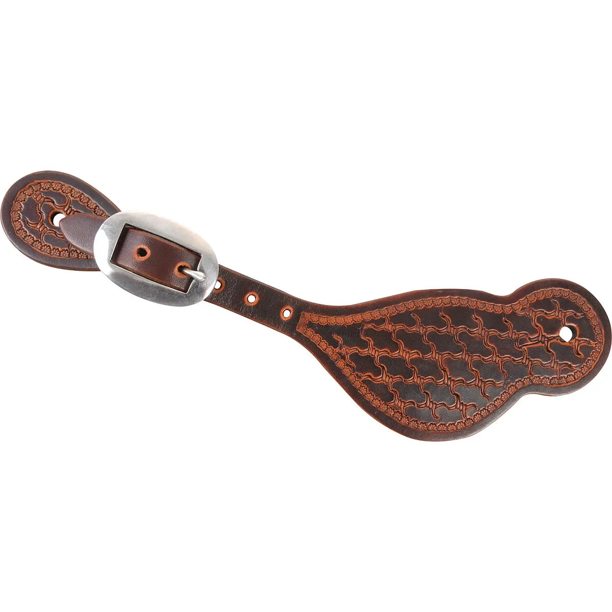 Martin Saddlery Tombstone natural leather spur straps featuring intricate twisted wire tooling on rich dark brown leather. This Western equestrian gear includes a polished silver oval buckle and decorative teardrop-shaped ends with ornate stamped borders. High-quality cowboy spur straps designed for durability and classic Western style, ideal for show or everyday riding.