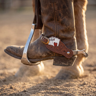 Martin Saddlery Tombstone spur strap buckled on a western boot with spur