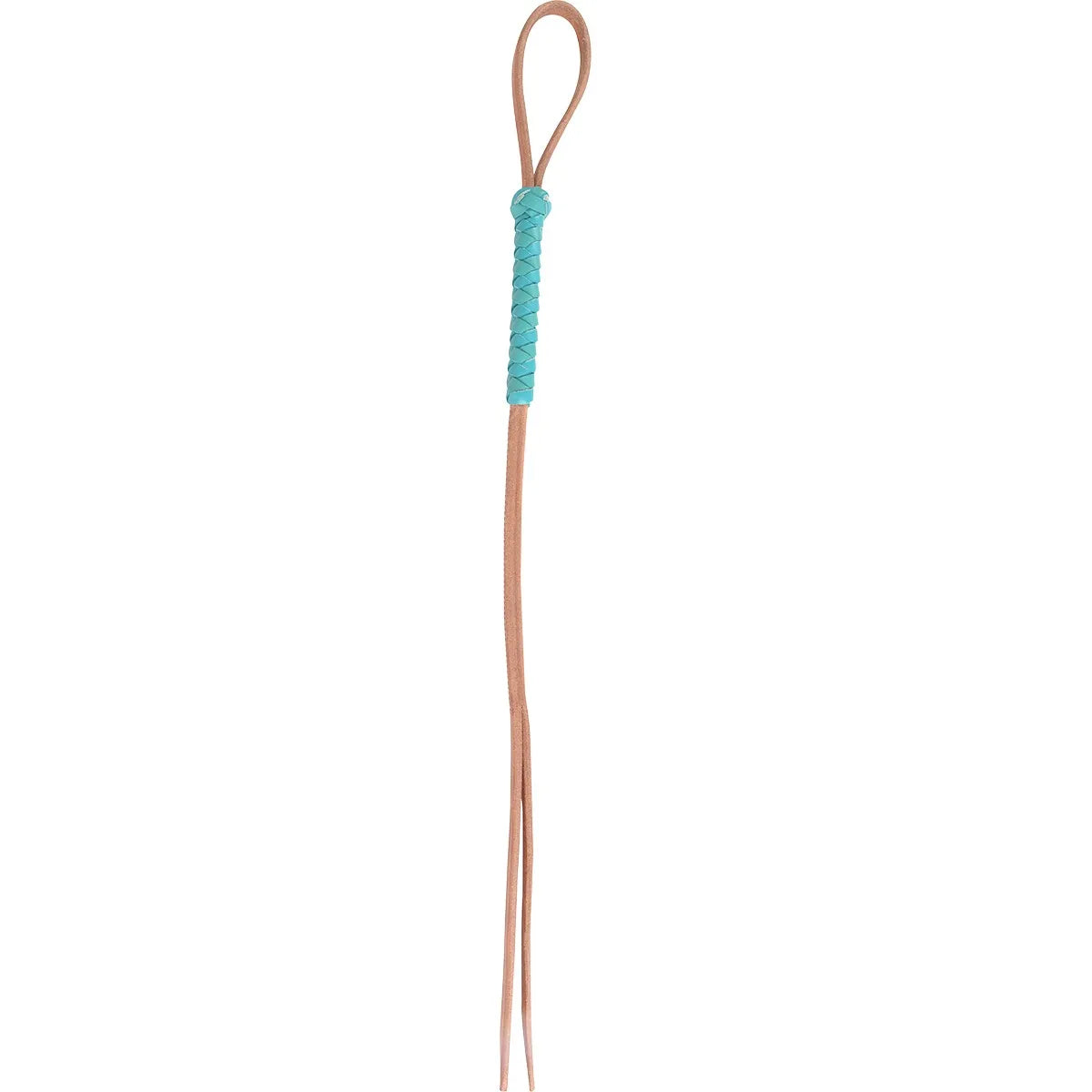 Martin Saddlery 26.5-inch Turquoise Lace Harness Hand Quirt. This premium leather riding crop showcases a vibrant turquoise braided leather handle and high-quality tan harness leather construction. Designed with a practical wrist loop and a split leather popper, it’s an essential equestrian tool for training and Western riding. Combining durability with western style, this handcrafted quirt is a standout addition to any horse tack collection.