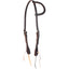 Martin Saddlery Value Series Western headstall in rich chocolate brown leather. This durable one-ear headstall features elegant white contrast stitching on the ear loop, adjustable stainless steel buckles, and classic latigo tie ends for secure bit attachment. A stylish and functional choice for everyday trail riding, training, or ranch work.
