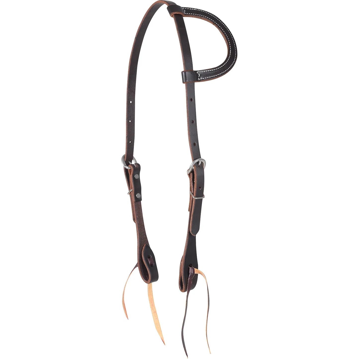 Martin Saddlery Value Series Western headstall in rich chocolate brown leather. This durable one-ear headstall features elegant white contrast stitching on the ear loop, adjustable stainless steel buckles, and classic latigo tie ends for secure bit attachment. A stylish and functional choice for everyday trail riding, training, or ranch work.