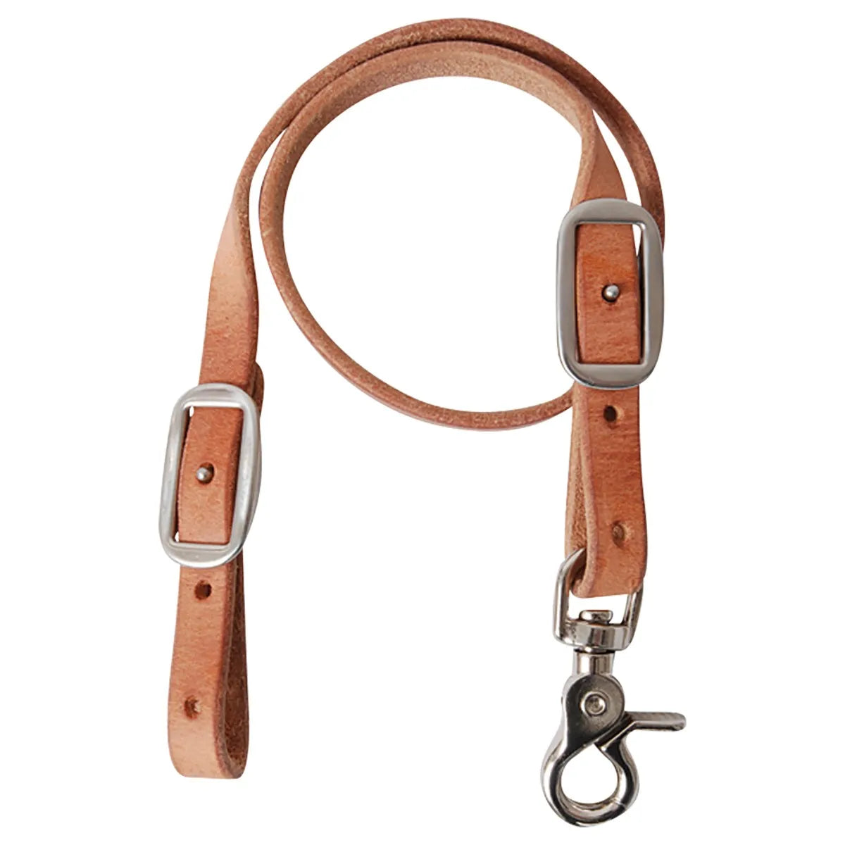 Martin Saddlery Wither Strap in natural roughout leather featuring adjustable silver-tone buckles and a heavy-duty trigger snap hook. This essential horse tack accessory is designed to secure your breast collar, keeping it in the correct position for comfort and stability. Durable and high-quality, it’s a perfect addition to your Western riding gear for trail riding or competition.