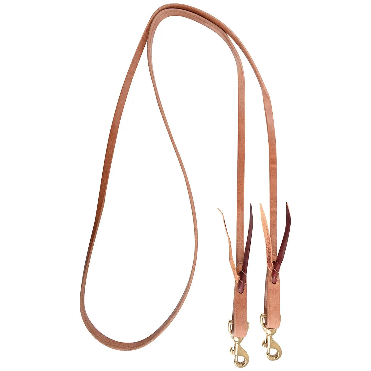 Martin Walt Woodard Double Snap Roping Rein crafted from premium natural Hermann Oak leather. This single-loop western roping rein features durable brass scissor snaps at both ends with classic leather tie accents. Designed for superior feel and long-lasting durability, these professional-grade horse reins are ideal for roping, training, and western performance riding. High-quality craftsmanship for elite equestrian gear collections.