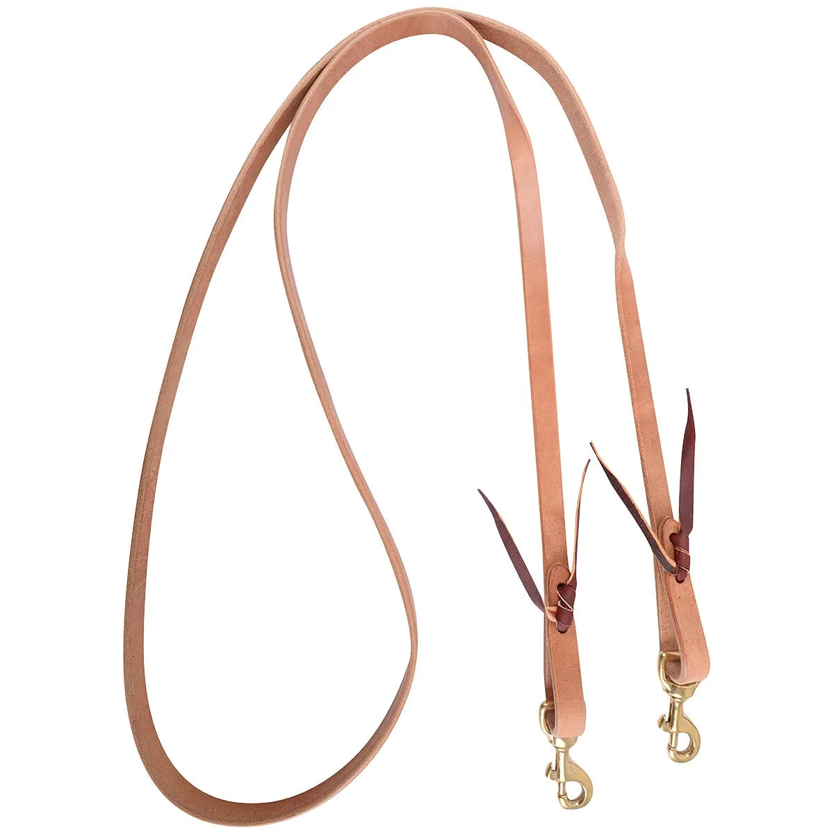 Martin Walt Woodard Double Snap Roping Rein crafted from premium Hermann Oak Leather in natural tan. These high-quality western horse reins feature a continuous loop design with durable brass scissor snaps secured by traditional leather ties. Ideal for barrel racing, roping, and trail riding, this professional-grade equestrian gear offers superior durability and a classic look for any rider.