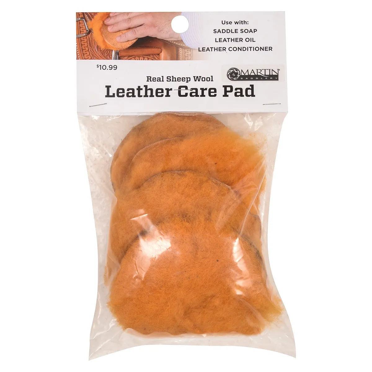Martin Saddlery Real Sheep Wool Leather Care Pad 4-pack featuring circular orange woolskin applicators. Ideal for applying saddle soap, leather oil, and conditioner to equestrian gear, these gentle sheep wool pads are essential for maintaining leather saddles and tack. High-quality and durable, they provide a smooth application for professional leather cleaning and conditioning, making them a must-have for horse owners and leather care enthusiasts.