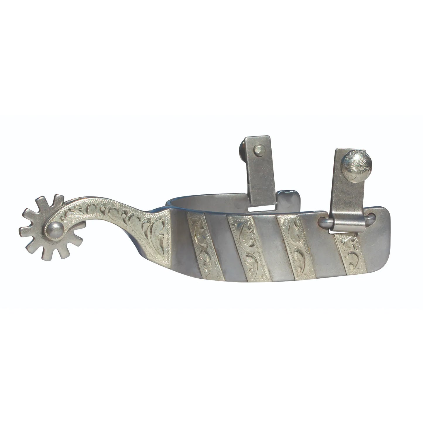 Elegant silver Western horse spur featuring intricate floral engravings along the medium-length shank and diagonal bands on the heel. The design includes a rotating 10-point star rowel and sturdy upright metal tabs with studs for attaching leather straps. This high-shine, decorative equestrian accessory is perfect for Western riders, rodeo performance, and collectors of traditional craftsmanship.