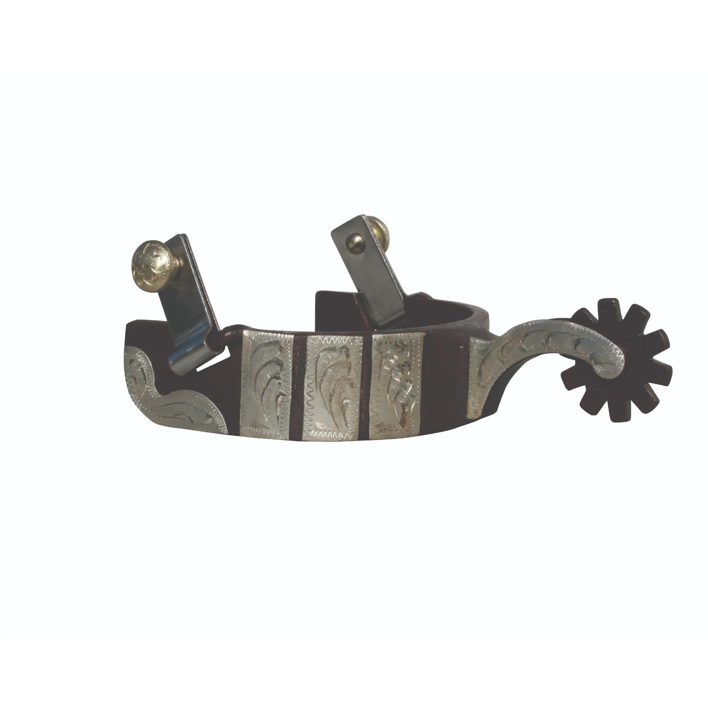 Medium shank Western horse spur featuring a dark brown finish accented by intricately engraved silver scrollwork and plates. This stylish equestrian accessory includes a 10-point rowel, a curved neck, and swinging buttons for easy strap attachment. Perfect for Western show rings or daily English riding, these decorative spurs combine durability with classic cowboy style for horse riders and enthusiasts.