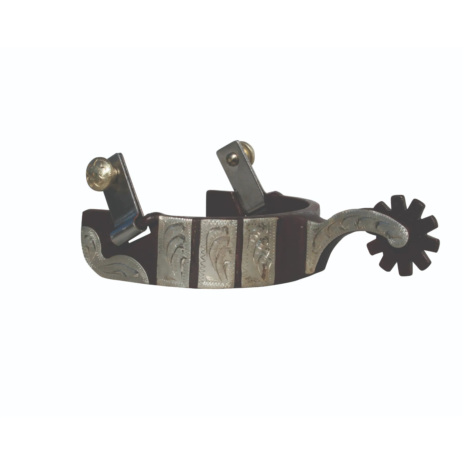 Medium shank Western horse spur featuring a dark brown finish accented by intricately engraved silver scrollwork and plates. This stylish equestrian accessory includes a 10-point rowel, a curved neck, and swinging buttons for easy strap attachment. Perfect for Western show rings or daily English riding, these decorative spurs combine durability with classic cowboy style for horse riders and enthusiasts.