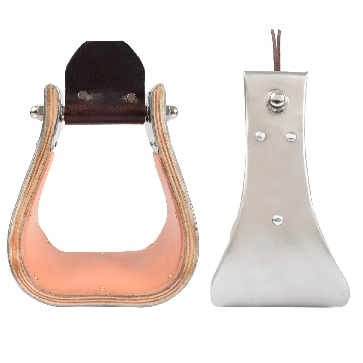 Metal bound wood stirrups for western saddles with a 4-inch deep tread. These durable riding stirrups feature a layered wood frame, polished silver metal binding, and a soft tan leather-lined interior for comfort. Designed with a dark brown leather neck and secure metal bolt, they are ideal for trail riding, barrel racing, or ranch work. High-quality western equestrian gear that combines classic style with rugged durability.
