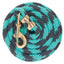 Turquoise and black braided rope with a gold clasp on a white background
