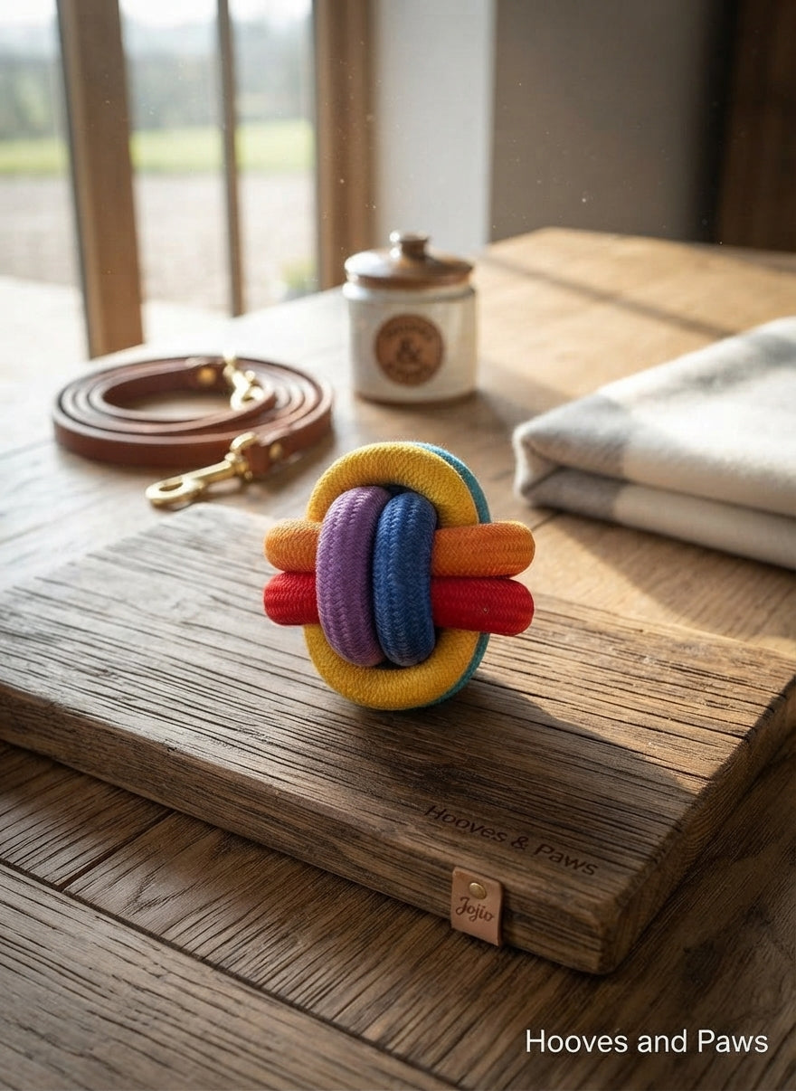 Lifestyle photo of Jojio Knot Ball Tug and Play Dog Toy - Durable Woven Cotton Rope for Dental Health, Fetch, and Tug