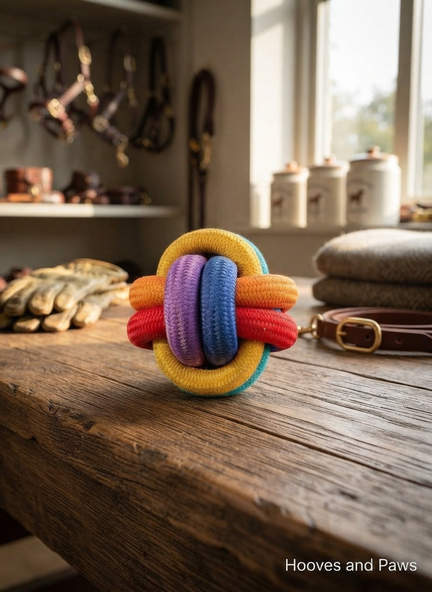 Lifestyle photo of Jojio Knot Ball Tug and Play Dog Toy - Durable Woven Cotton Rope for Dental Health, Fetch, and Tug