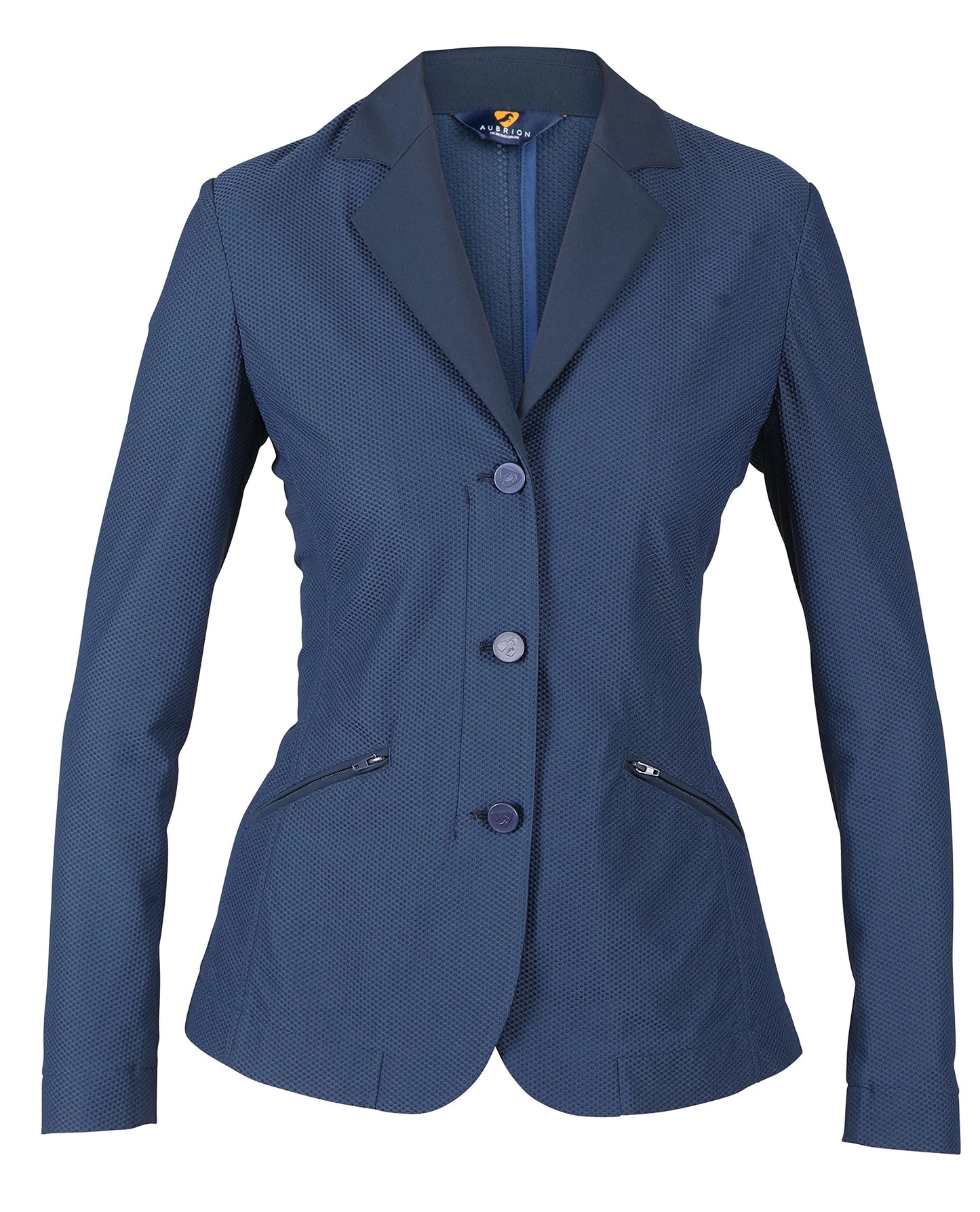 Blue blazer with textured pattern on a white background