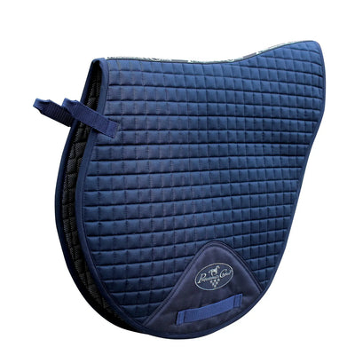 Blue quilted saddle pad with a brand logo on a white background