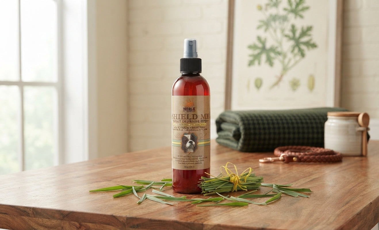 Lifestyle photo of Noble Shield Me Natural Insect Defense Spray for Pets - Flea, Tick & Mosquito Repellent - 99% Natural DEET-Free