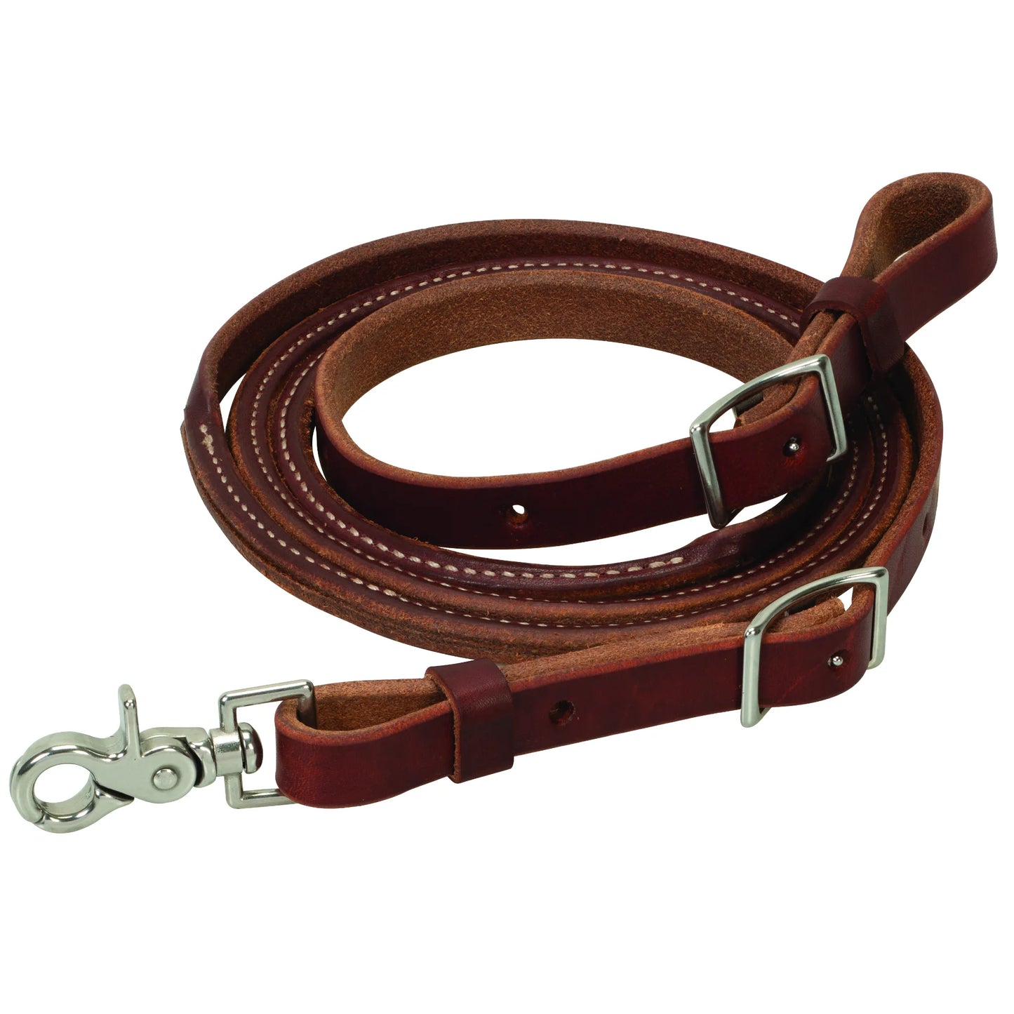 Oiled Canyon Rose Heavy Harness Leather Round Roper Rein 5/8 inch. This premium reddish-brown leather horse rein features a comfortable rounded center and flat ends with durable silver hardware, including a swivel scissor snap and adjustable buckles. Designed for western performance and ranch work, this equestrian gear showcases elegant white stitching and high-quality harness leather craftsmanship.