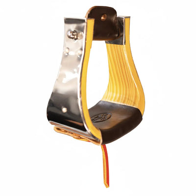Professional's Choice Monel Metal Western Bell-Bottom Stirrups featuring a polished metal exterior over a light wood frame. Includes a wide 4" deep dark leather tread for comfort, a 5.25" width, and a 3" leather-wrapped neck. These high-quality equestrian stirrups provide stability and a classic Western look, perfect for show or trail riding.