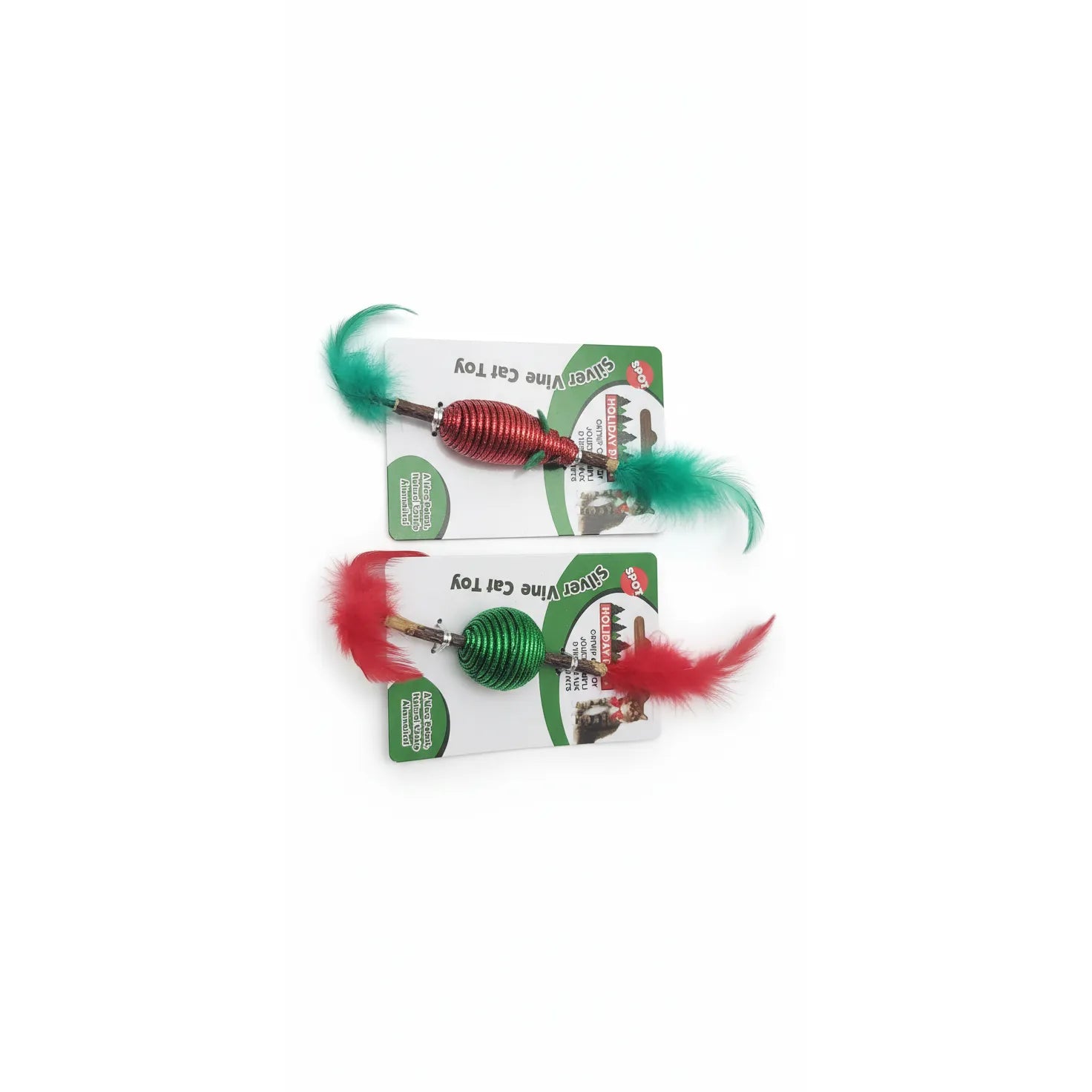 Two assorted Ethical Pet Spot Silver Vine Cat Nip Toys for cats, featuring natural silver vine wood sticks and vibrant feathers. One toy has a red metallic coiled body with green feathers, and the other a green metallic body with red feathers. This natural catnip alternative provides enticing textures and scents to stimulate play. Perfect as a festive holiday cat toy or everyday boredom buster for playful kittens and adult cats.