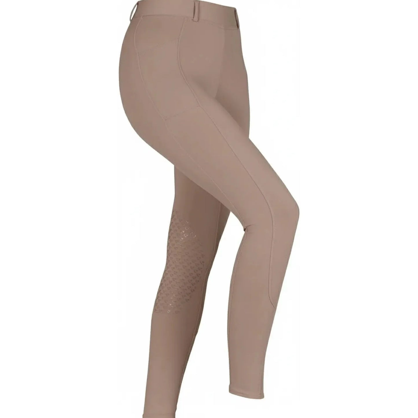 Shires Aubrion Elmira Women's Riding Tights in a sophisticated beige taupe. These performance equestrian leggings feature a textured silicone knee patch for superior saddle grip and a deep side phone pocket for convenience. Designed with a flattering high-waist fit and belt loops, these durable riding pants are perfect for training and casual rides. Ideal for horse riders looking for stylish, functional equestrian apparel.