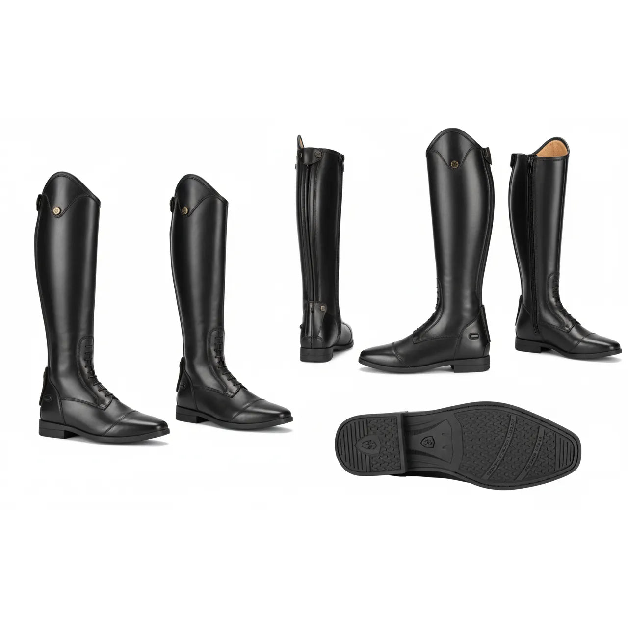 Shires Moretta Ortona Riding Boots in black milled cow leather. These elegant tall equestrian boots feature a high dressage cut, laced front detail, and full-length rear zipper with elasticated panels. Shown from multiple angles, highlighting the standard fit, spur rests, and textured non-slip sole. A premium choice for dressage or jumping, offering a sleek professional look and durable comfort for horse riders.