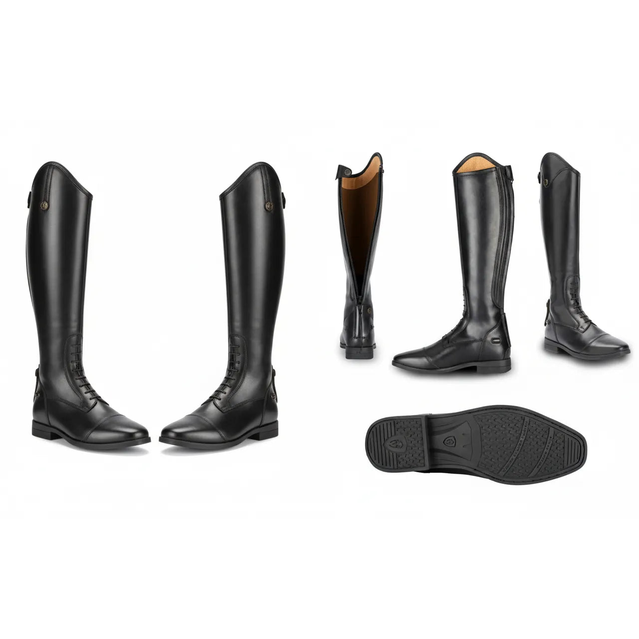 Shires Moretta Ortona Tall Black Leather Riding Boots with a dressage cut. These premium equestrian boots feature a high Spanish top, stylish front laces, and a rear zipper for a sleek fit. Shown from multiple angles, including the front, side, back with tan lining, and the textured rubber sole for stirrup grip. Ideal for dressage or show jumping, these durable leather boots combine tradition with modern performance. Perfect for competitive and leisure riders alike.