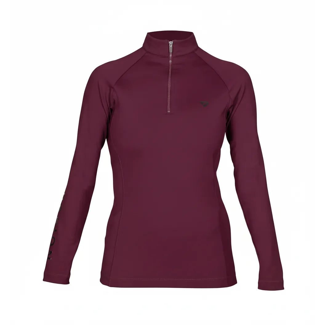 Shires Aubrion Eltar Women’s Long Sleeve Equestrian Base Layer in deep burgundy. This moisture-wicking riding top features a 1/4 zip, high neck, and flattering athletic fit. Designed for comfort and performance in the saddle, with subtle Aubrion branding on the chest and sleeve. Ideal for horse riding, training, and layering, this stylish and functional top is an essential for any rider's wardrobe.