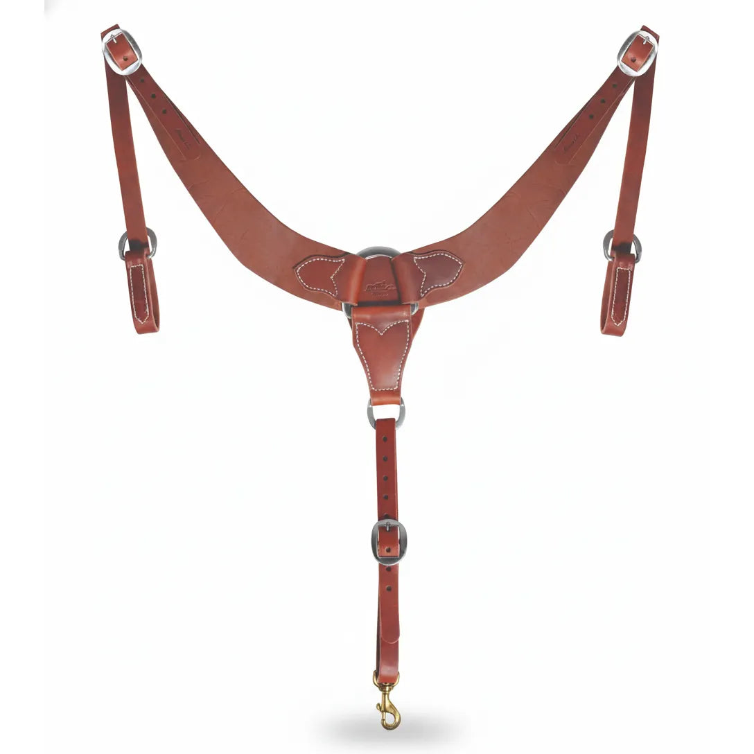 Professional's Choice Oiled Rough Out Leather Pulling Breast Collar in a rich chestnut finish. This high-performance western horse tack features heavy-duty stainless steel hardware, 1-inch adjustable tug straps, and a brass snap for secure cinch attachment. Designed for ranch work, roping, and trail riding, the contoured shape offers superior comfort and freedom of movement for your horse. Durable, stylish, and essential gear for any professional equestrian.