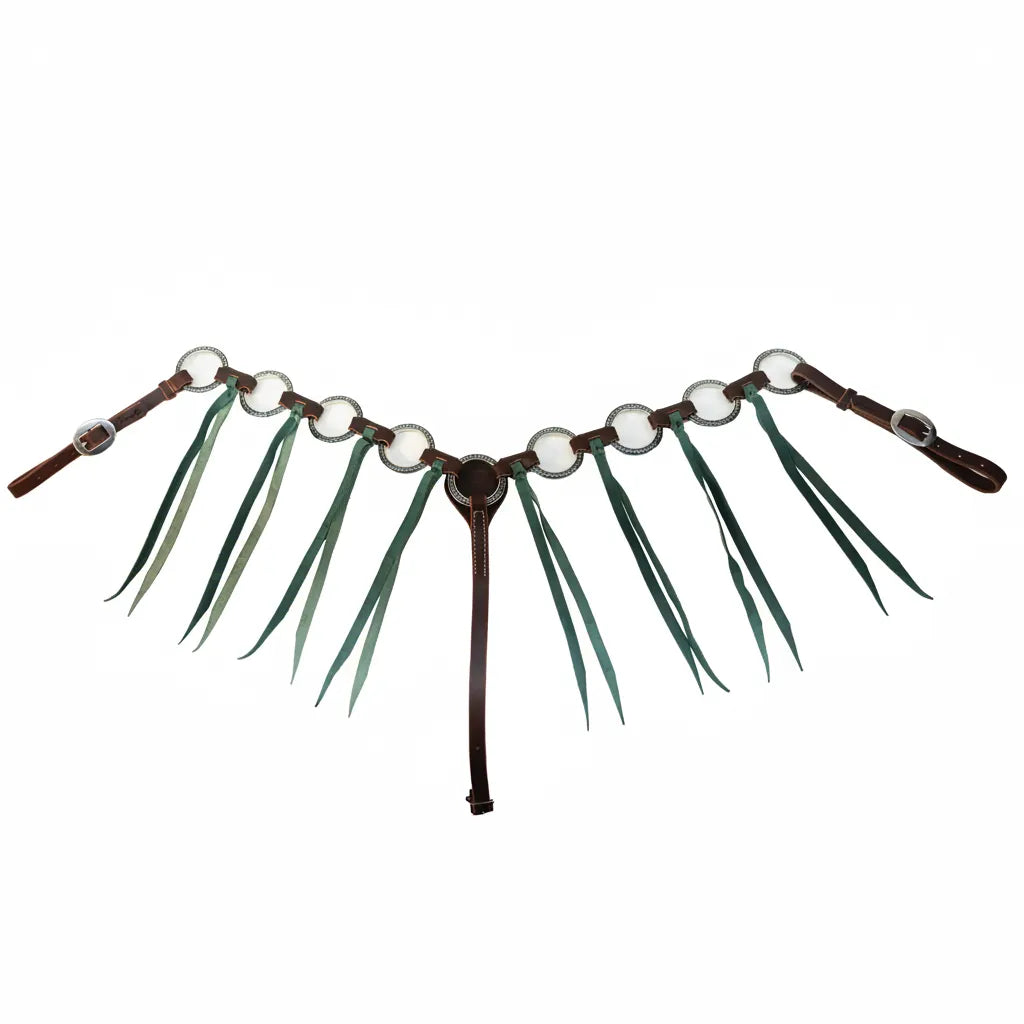 Professional's Choice Ring Breast Collar featuring a striking nine-ring design crafted from rich dark brown leather. This western horse tack is adorned with long, flowing emerald green tassels hanging from decorative silver-toned metal rings. The Y-shaped design includes adjustable buckle ends for a secure saddle fit, combining functional equestrian gear with a bold, stylish aesthetic perfect for competition or western trail riding.