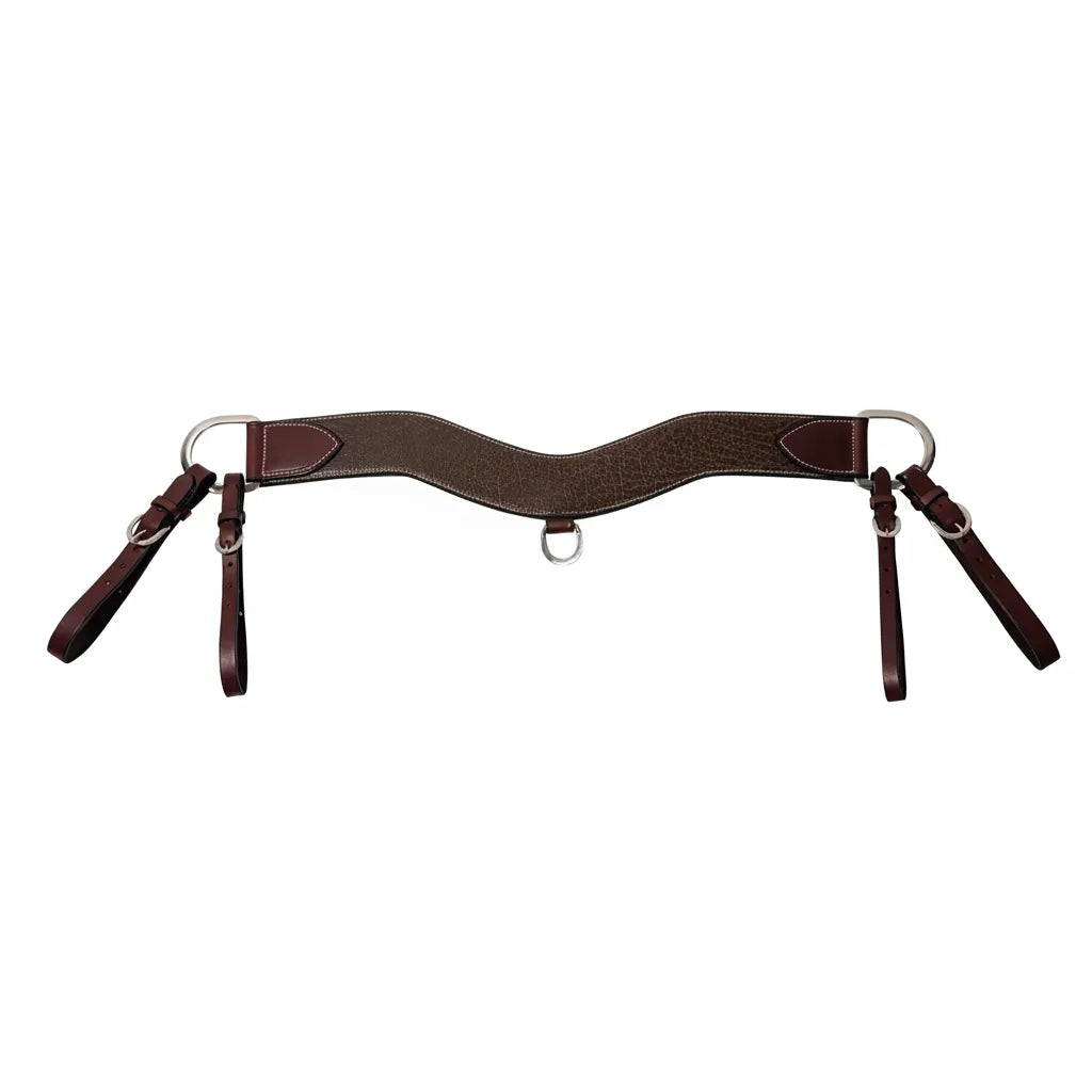 Professional's Choice Steer Tripper Bison Leather Breast Collar featuring a 3 1/4" wide contoured design. Crafted from rich dark brown pebble-grained bison leather with decorative white contrast stitching. Includes durable silver-tone hardware, a center D-ring, and adjustable tug straps. Premium Western horse tack ideal for steer tripping and ranch work, combining rugged durability with professional style.