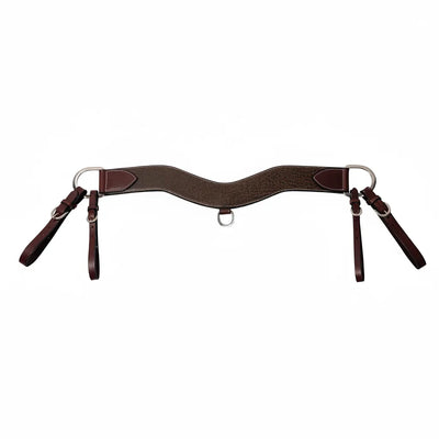 Professional's Choice Steer Tripper Bison Leather Breast Collar featuring a 3 1/4" wide contoured design. Crafted from rich dark brown pebble-grained bison leather with decorative white contrast stitching. Includes durable silver-tone hardware, a center D-ring, and adjustable tug straps. Premium Western horse tack ideal for steer tripping and ranch work, combining rugged durability with professional style.