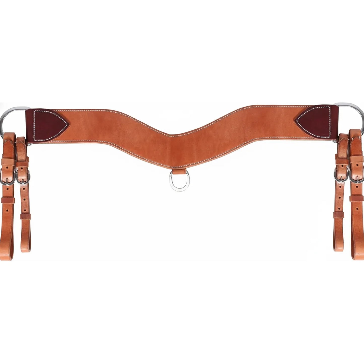 Professional's Choice Steer Tripper Breast Strap in premium Hermann Oak leather. This wide, contoured breast collar features a rich chestnut finish with mahogany teardrop accents and white contrast stitching. Designed for heavy-duty roping and steer tripping, it includes durable stainless steel hardware, a center D-ring, and adjustable tug straps. High-quality western horse tack that combines professional-grade performance with classic craftsman style.