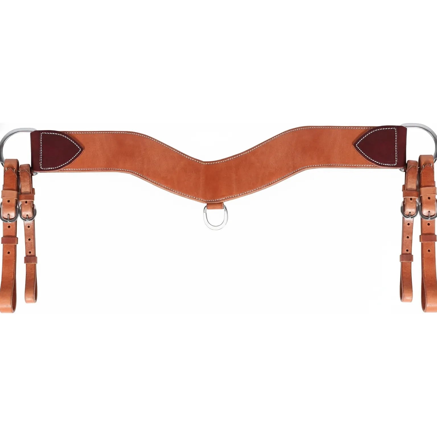 Professional's Choice Steer Tripper Breast Strap in premium Hermann Oak leather. This wide, contoured breast collar features a rich chestnut finish with mahogany teardrop accents and white contrast stitching. Designed for heavy-duty roping and steer tripping, it includes durable stainless steel hardware, a center D-ring, and adjustable tug straps. High-quality western horse tack that combines professional-grade performance with classic craftsman style.
