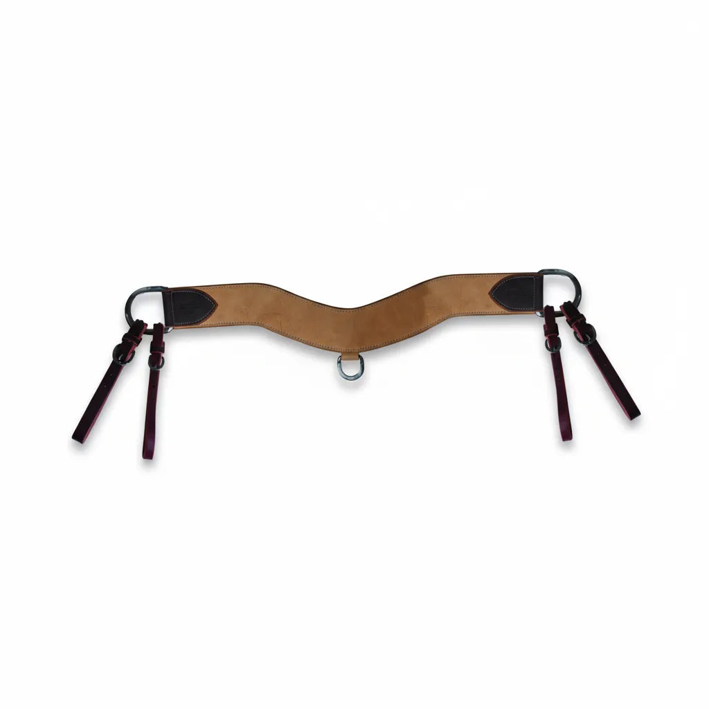 Professional's Choice BC Rough Out Tripper Breast Collar featuring 3.25-inch wide heavy tan roughout leather with dark chocolate brown accents. This durable western horse breast collar includes a center D-ring and adjustable deep burgundy tug straps for a secure fit. Ideal for ranch work, roping, or trail riding, its contoured design ensures maximum horse comfort and classic western style.