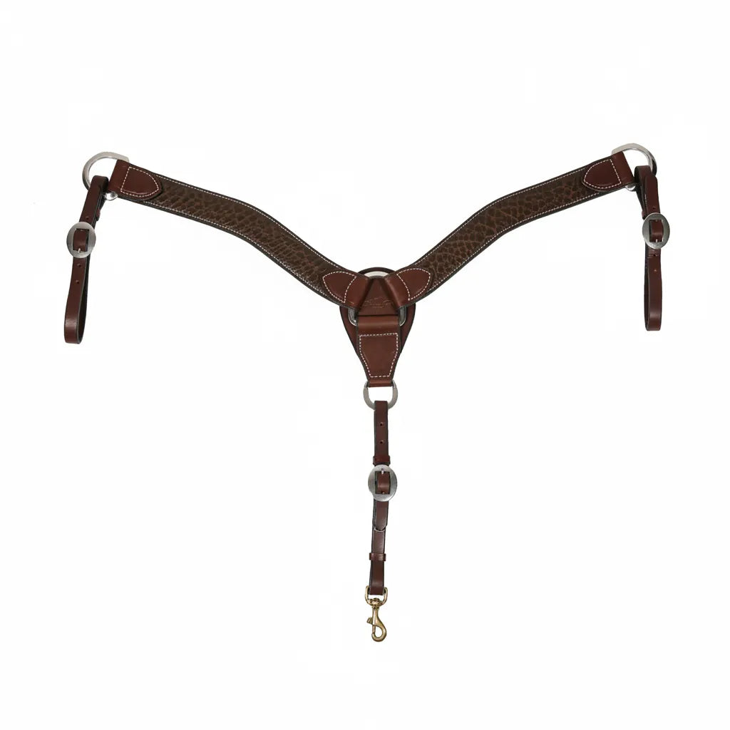 Professional's Choice BC Contoured 2-Inch Bison Leather Breast Collar in rich dark brown with a pebbled texture and white contrast stitching. This high-quality Western horse tack features durable stainless steel hardware and adjustable straps for a custom fit. Ideal for performance, ranch, or trail riding, it includes a secure brass snap hook for cinch attachment. Premium equestrian gear designed for comfort and style in your Western saddle setup.