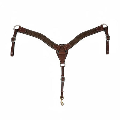 Professional's Choice BC Contoured 2-Inch Bison Leather Breast Collar in rich dark brown with a pebbled texture and white contrast stitching. This high-quality Western horse tack features durable stainless steel hardware and adjustable straps for a custom fit. Ideal for performance, ranch, or trail riding, it includes a secure brass snap hook for cinch attachment. Premium equestrian gear designed for comfort and style in your Western saddle setup.