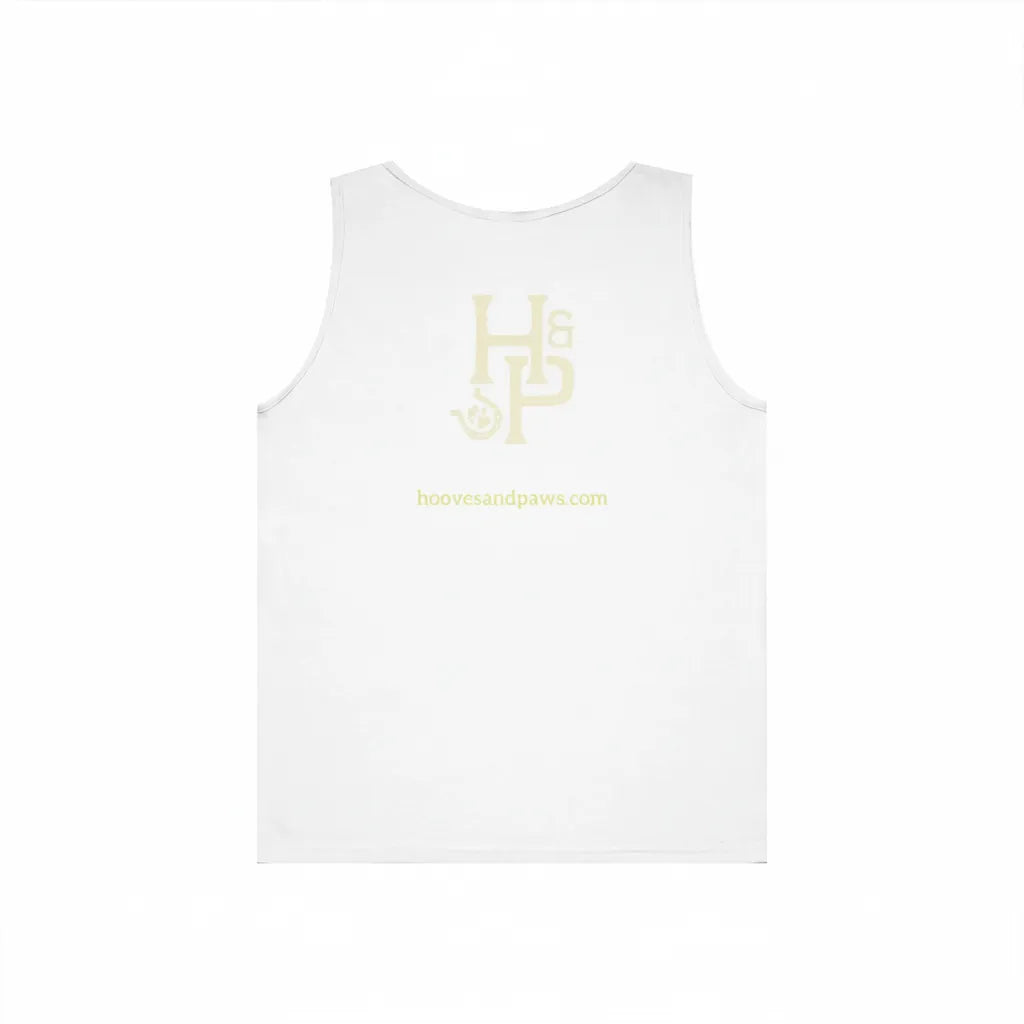White Printify minimalist cotton tank top featuring a soft gold monogram back logo with "H&P" and a subtle horseshoe and paw design. Below the monogram, the website hoovesandpaws.com is printed in matching gold. This high-quality 5.3 oz 100% cotton sleeveless shirt offers a clean, premium look for summer outfits and casual boutique streetwear.
