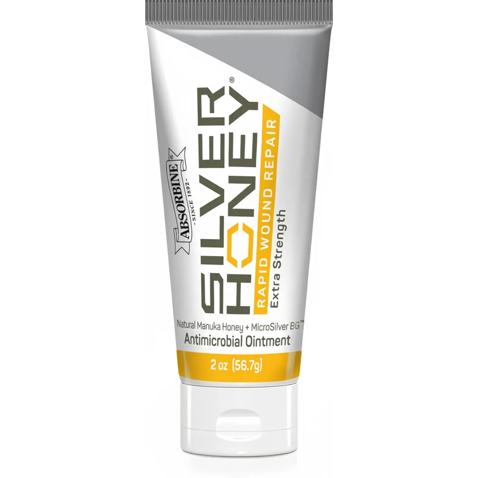 Absorbine Silver Honey Rapid Wound Repair Extra Strength Antimicrobial Ointment in a 2oz tube. This natural wound care solution combines medical-grade Manuka honey and MicroSilver BG to speed up healing and stop bacteria on contact. Ideal for pet first aid, treating horse cuts, dog hot spots, and skin irritations. The white and grey packaging features a bright yellow "Rapid Wound Repair" banner, perfect for any animal lover's essential medical kit.