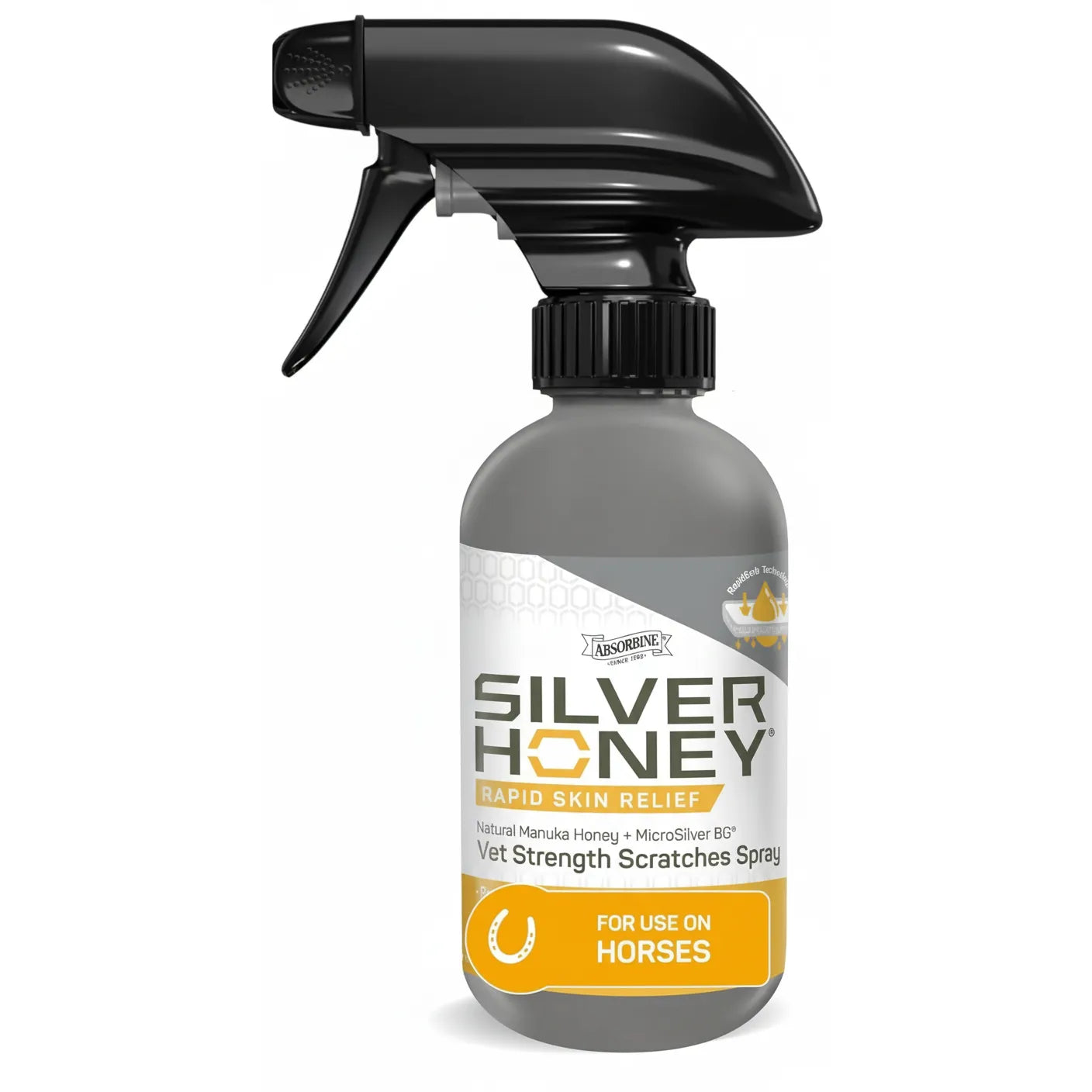 Absorbine Silver Honey Rapid Skin Relief Vet Strength Scratches Spray for horses. Grey spray bottle with a black trigger nozzle featuring RapidSorb Technology. Formulated with natural Manuka Honey and MicroSilver BG to heal equine skin irritations, cuts, and scratches. A professional-grade horse wound care treatment and essential grooming supply for rapid healing and skin protection.