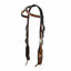 Professional's Choice Tomahawk Headstall featuring basket tooled leather in a striking two-tone design. This western horse headstall showcases dark leather paired with natural tan accents, decorated with intricate silver-toned engraved conchos and adjustable buckles. Durable white stitching and traditional leather ties add a classic touch. A premium piece of western tack perfect for horse shows or trail riding, blending traditional style with Professional's Choice quality.