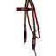 Professional's Choice Arrowhead Browband Headstall crafted from rich chestnut leather. This premium western horse bridle features intricate hand-tooled floral patterns accented by distinctive cream-colored rawhide arrowhead designs on the browband and cheekpieces. Finished with elegant white contrast stitching and durable stainless steel buckles, this high-quality headstall is perfect for western performance, ranch work, or showing.
