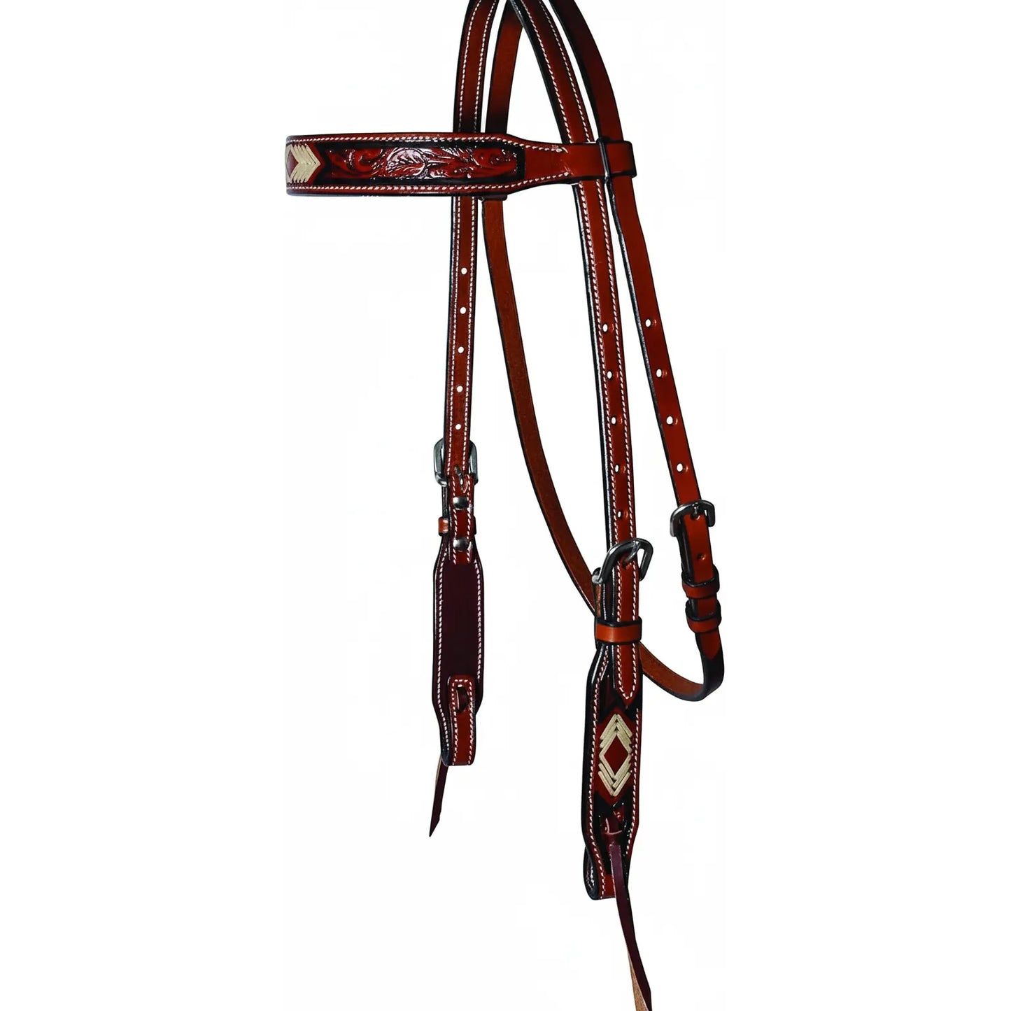 Professional's Choice Arrowhead Browband Headstall crafted from rich chestnut leather. This premium western horse bridle features intricate hand-tooled floral patterns accented by distinctive cream-colored rawhide arrowhead designs on the browband and cheekpieces. Finished with elegant white contrast stitching and durable stainless steel buckles, this high-quality headstall is perfect for western performance, ranch work, or showing.